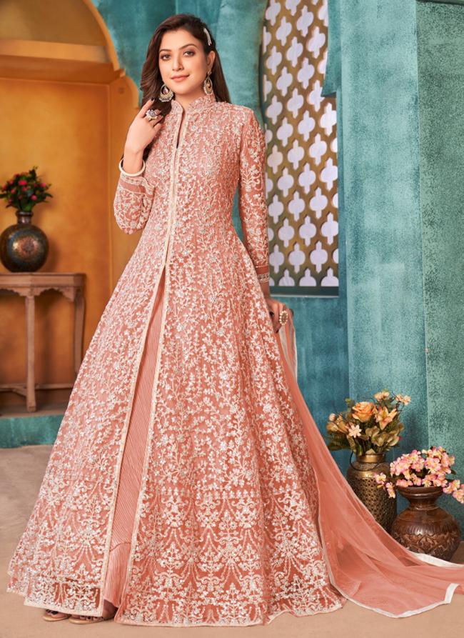Net Peach Wedding Wear Sequins Work Anarkali Suit